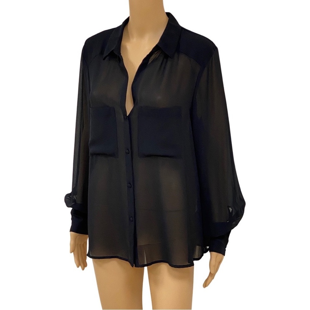NEW! ZARA Semi Sheer Long Sleeve Button Down Collared Blouse - Black - Sz L